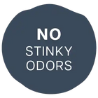 Dark circular sign with white text reading ’NO STINKY ODORS’