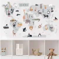 World map wall decal featuring cute cartoon animals and geographical elements.